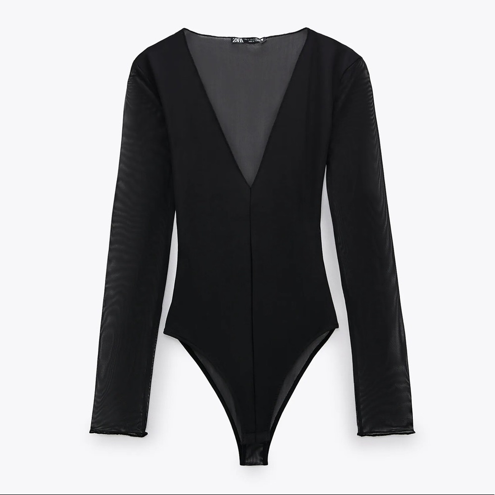 NWT Zara Tulle Black Vneck Bodysuit Medium
